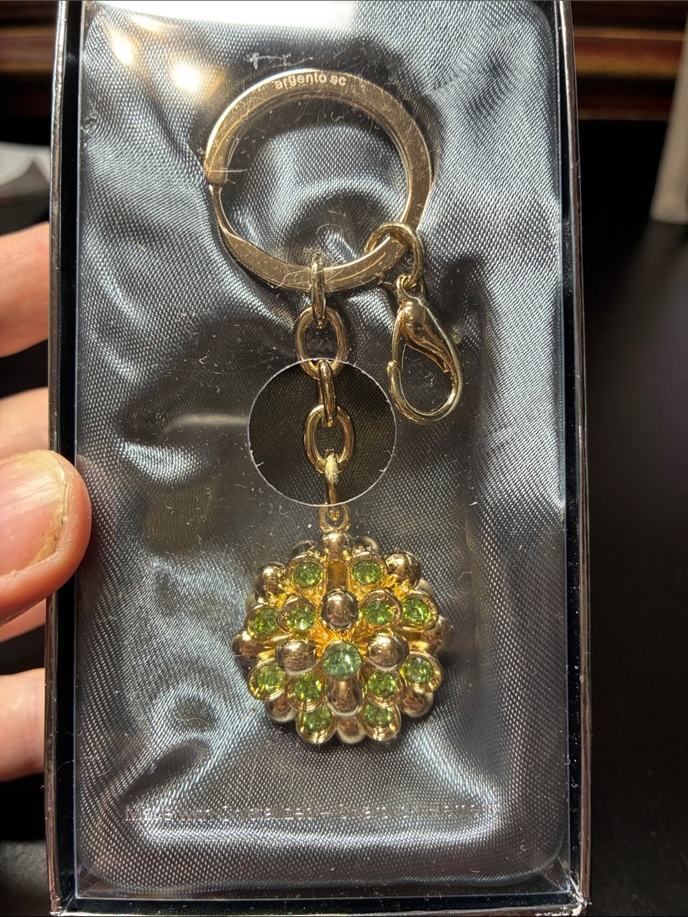 Vintage Argento SC Gold-Tone Swarovski Green Crystal element Flower Keychain